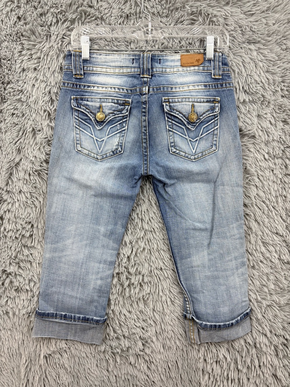 Vigoss Capris Womens 3 Blue Cuffed Hems Distressed Heritage Fit Faded